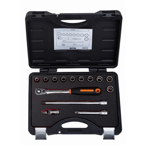 Juego de vasos con cuadrado de 1/2" con perfil bi-hexagonal métrico y maletín de metal para carraca de cabeza delgada | 7814DS